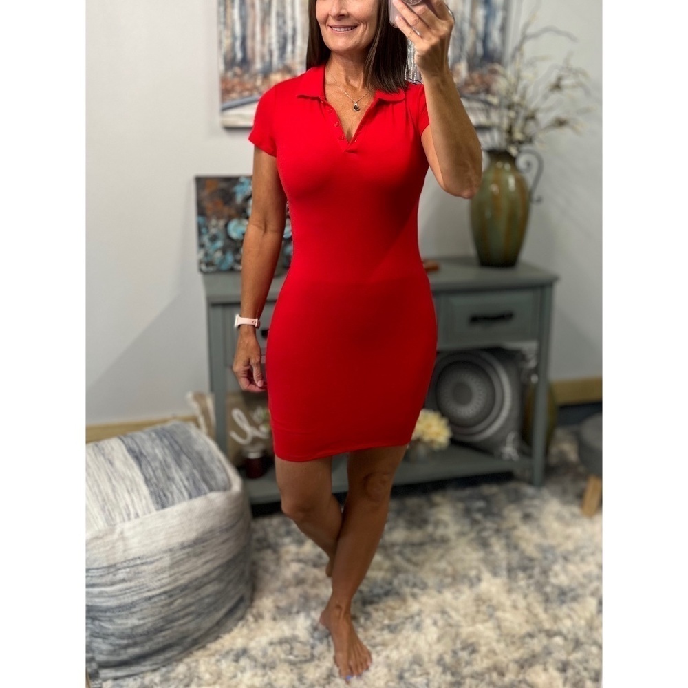 Collared Henley Pique Polo V Neck Stretch Short Sleeve Dress Red 0723